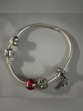 Pandora  Sterling Silver Charm Bracelet with Pink Glass Bead and Palm Tree Charm